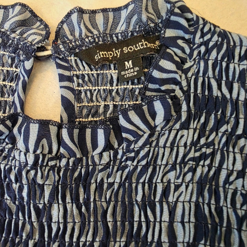 Simply Southern Geometric Print Smocked Tiers Midi Dress Navy Blue Long Sleeve M - Picture 3 of 8